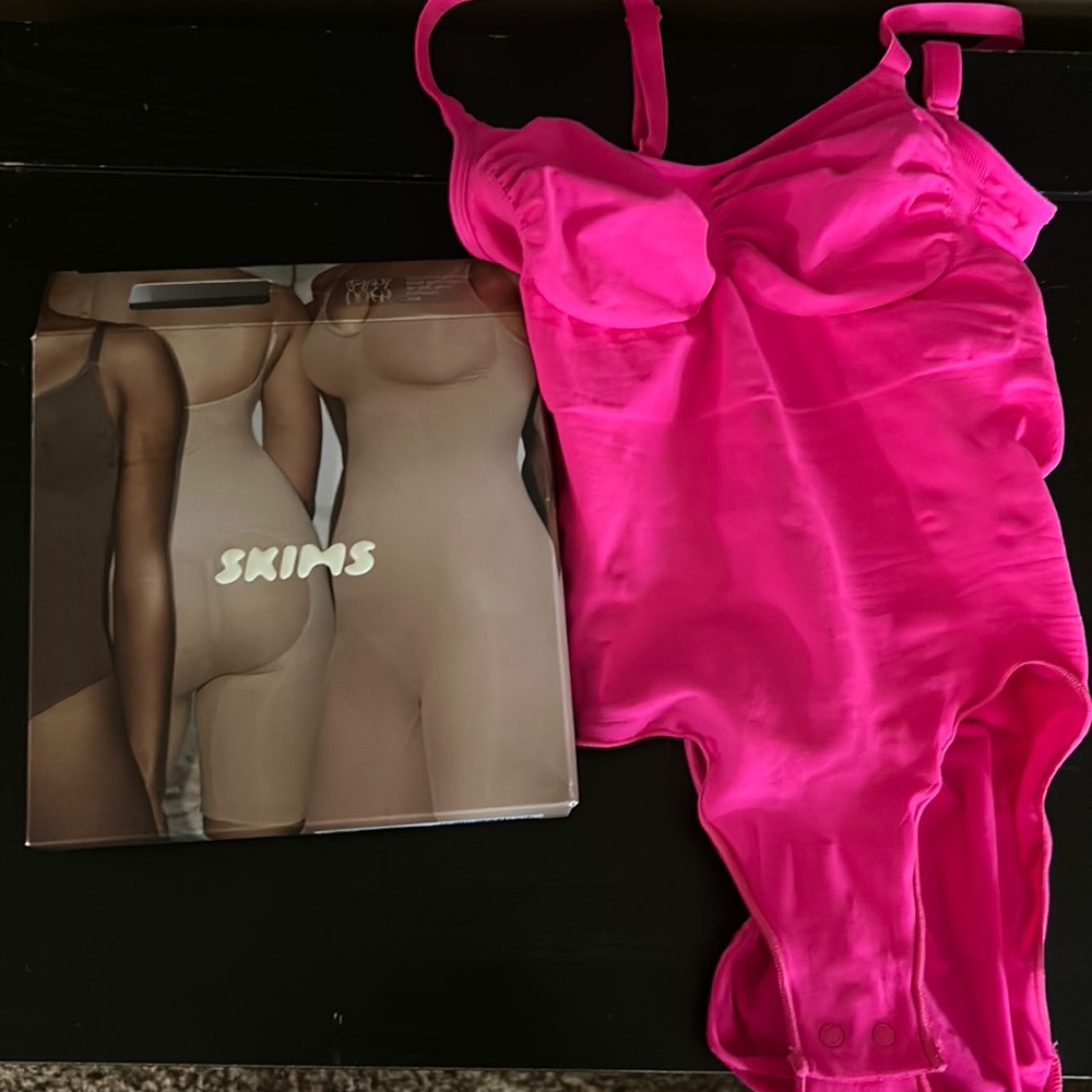 SKIMS Flamingo Pink Sculpting Bodysuit with snaps